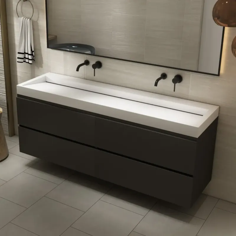 Fontana Elena badkamermeubel 160cm zwart met solid surface wastafel zonder kraangat Must-Have