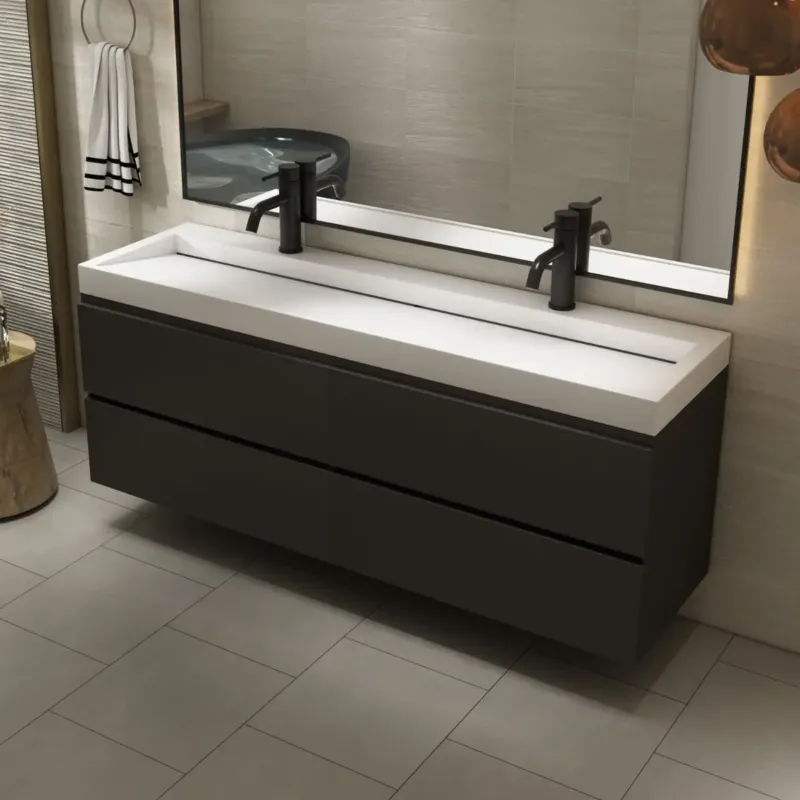 Must-Have Fontana Elena badkamermeubel 160cm zwart met solid surface wastafel 2 kraangaten