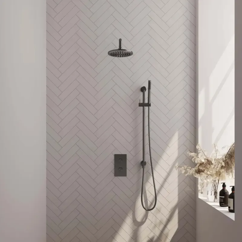 Laatste Versie Brauer Gunmetal Edition complete inbouw regendouche met staafhanddouche, gebogen wandarm, glijstang en hoofddouche 20cm set 39 gunmetal geborsteld PVD