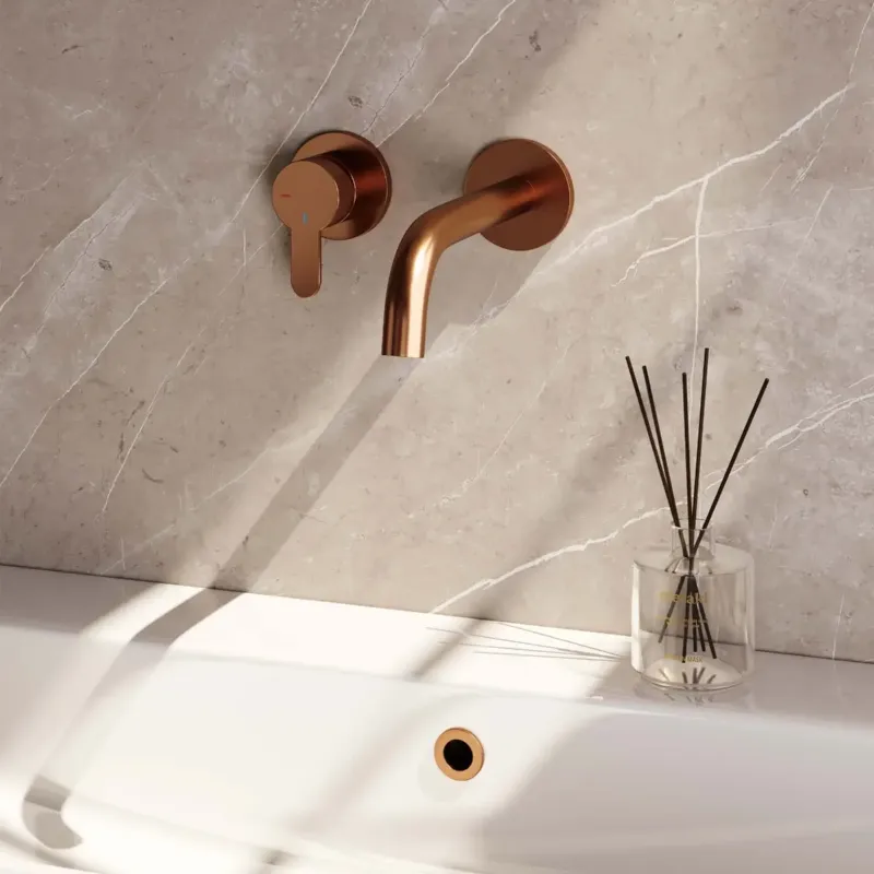 Brauer Copper Edition ColdStart wastafelkraan inbouw gebogen uitloop en rozetten model D2 koper geborsteld PVD Speciale Aanbieding