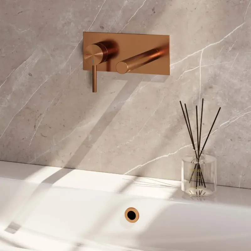 Brauer Copper Carving inbouw wastafelkraan plaat met rechte uitloop, lange handgreep en ColdStart geborsteld koper PVD links Weekendaanbieding