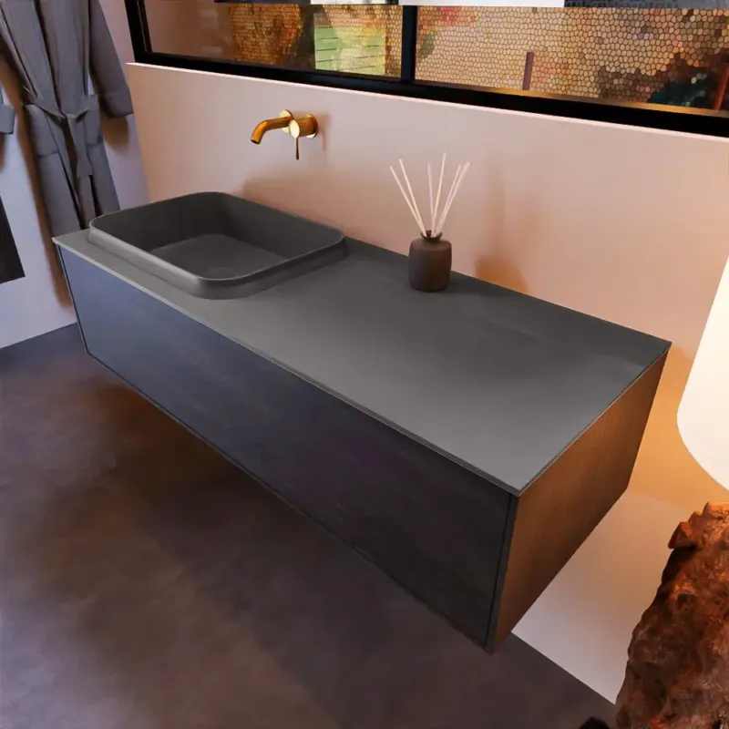 Populair Mondiaz Erin 120cm badmeubel Dark Brown met 1 lade en donkergrijze wastafel links zonder kraangaten