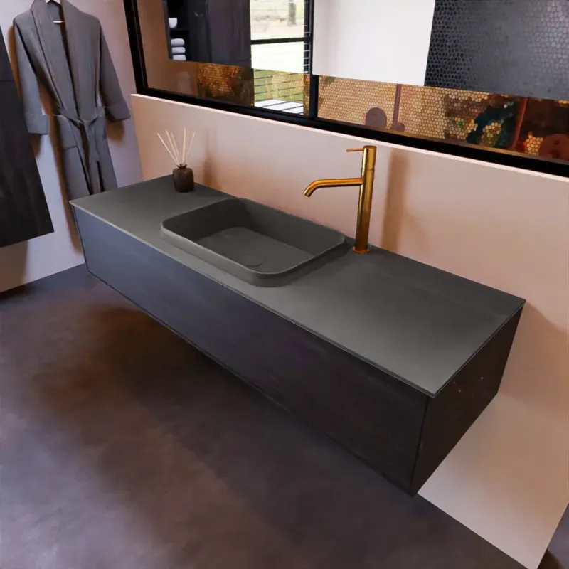 Merkproduct Mondiaz Erin 150cm badmeubel Dark Brown met 1 lade en donkergrijze wastafel midden 1 kraangat