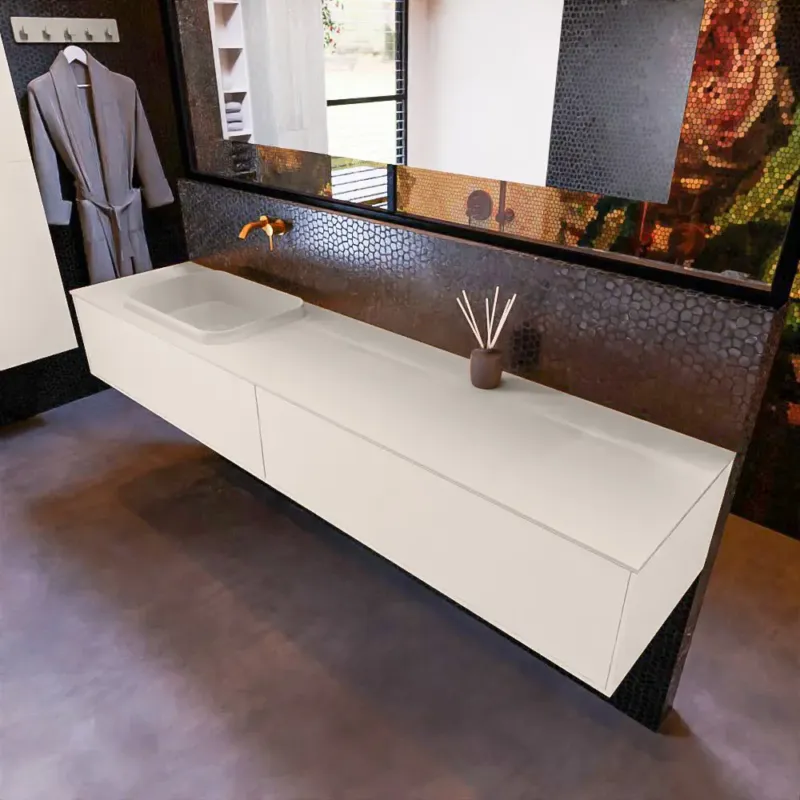 Fabrieksprijs Mondiaz Erin 200cm badmeubel Linen met 2 lades en beige wastafel links zonder kraangaten
