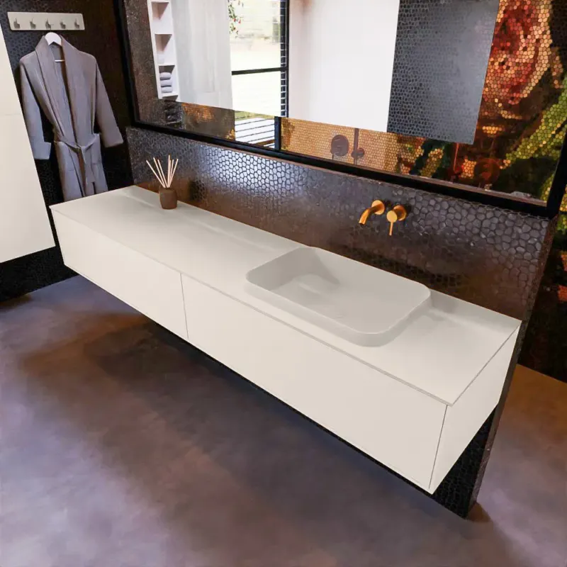 Mondiaz Erin 200cm badmeubel Linen met 2 lades en beige wastafel rechts zonder kraangaten Favoriet