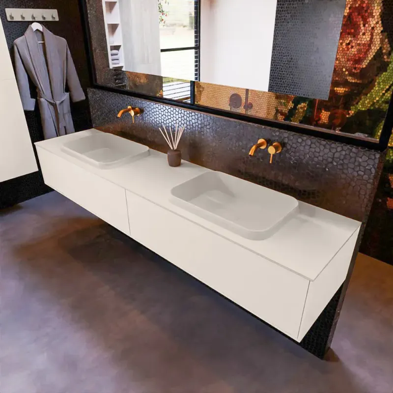 Mondiaz Erin 200cm badmeubel Linen met 2 lades en beige wastafel dubbel zonder kraangaten Bestel Nu