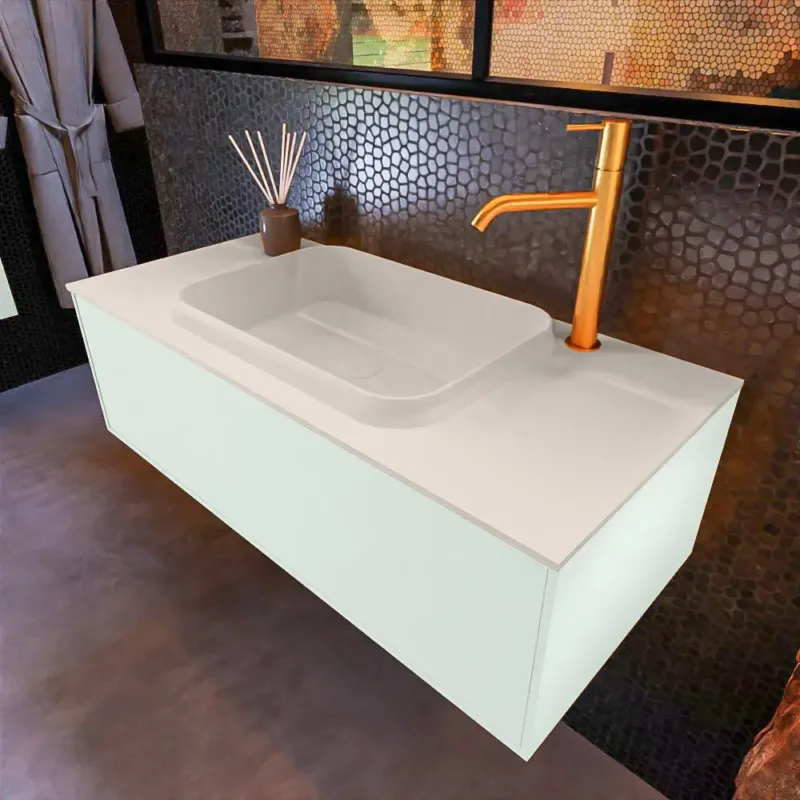 Koop Vandaag Mondiaz Erin 100cm badmeubel Greey met 1 lade en beige wastafel midden 1 kraangat