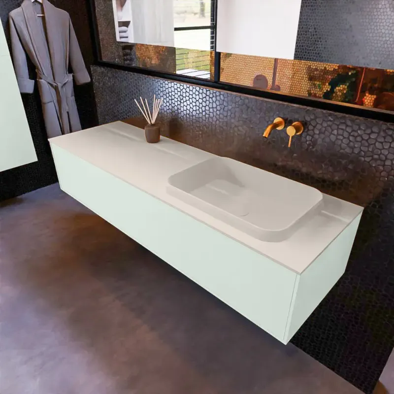 Actieprijs Mondiaz Erin 150cm badmeubel Greey met 1 lade en beige wastafel rechts zonder kraangaten