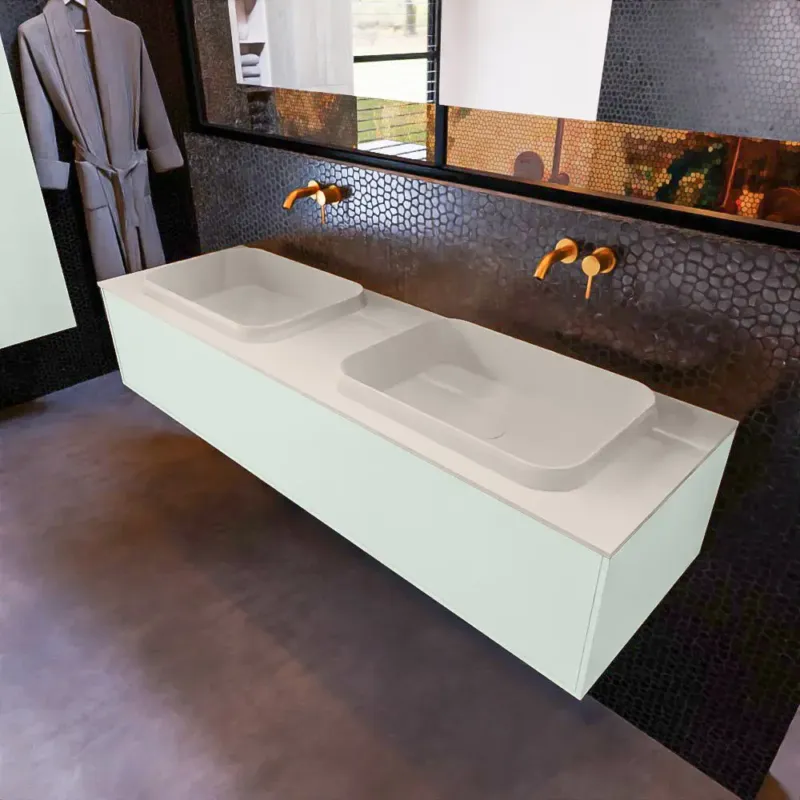 Rechtstreeks Van De Fabrikant Mondiaz Erin 150cm badmeubel Greey met 1 lade en beige wastafel dubbel zonder kraangaten