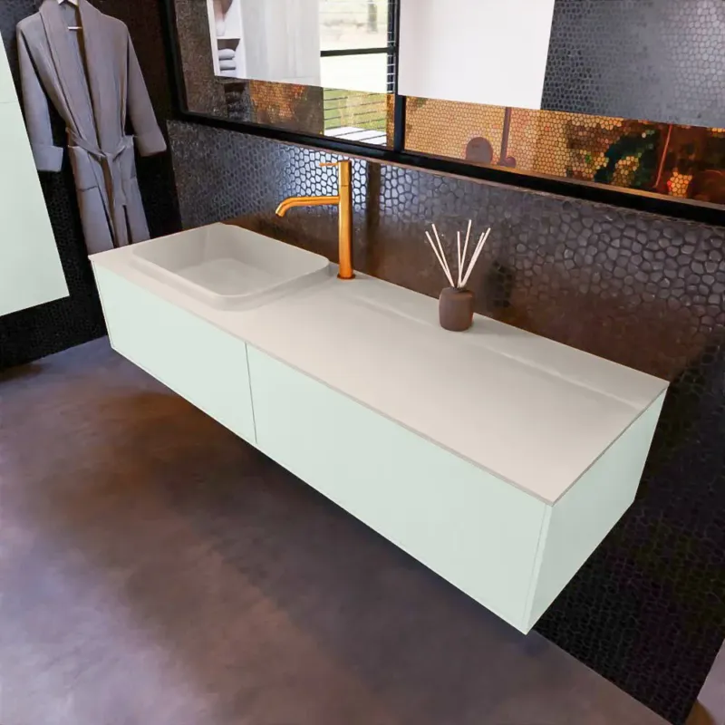 Flitsaanbieding Mondiaz Erin 150cm badmeubel Greey met 2 lades en beige wastafel links 1 kraangat