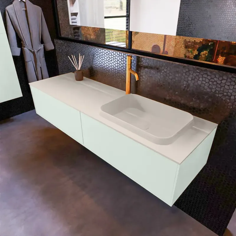 Gecertificeerd Mondiaz Erin 150cm badmeubel Greey met 2 lades en beige wastafel rechts 1 kraangat