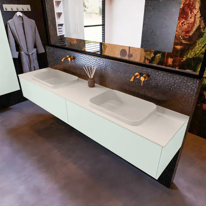 Mondiaz Erin 200cm badmeubel Greey met 2 lades en beige wastafel dubbel zonder kraangaten Populair