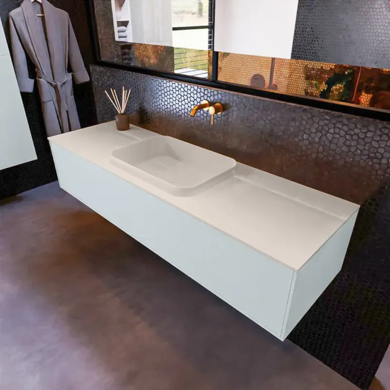 Mondiaz Erin 150cm badmeubel Clay met 1 lade en beige wastafel midden zonder kraangaten Lage Kosten
