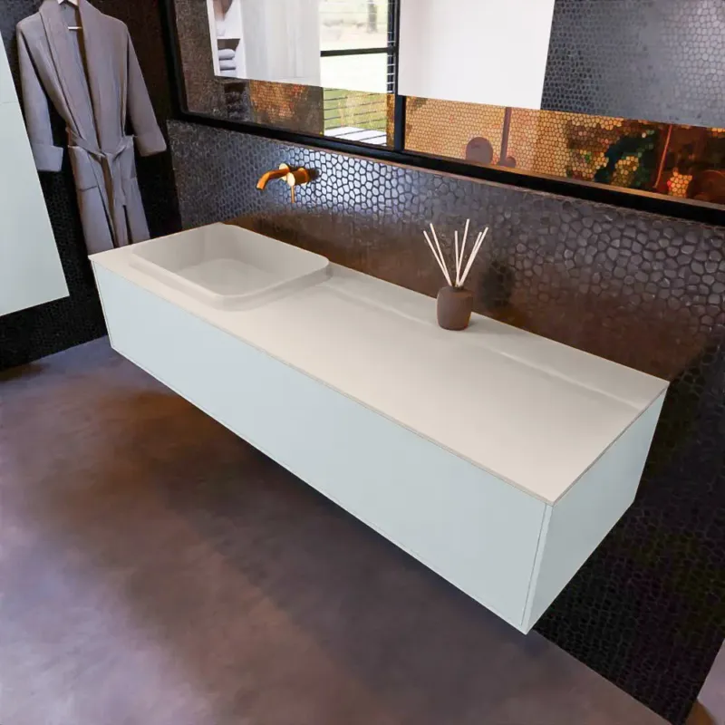 Beste Prijs Mondiaz Erin 150cm badmeubel Clay met 1 lade en beige wastafel links zonder kraangaten