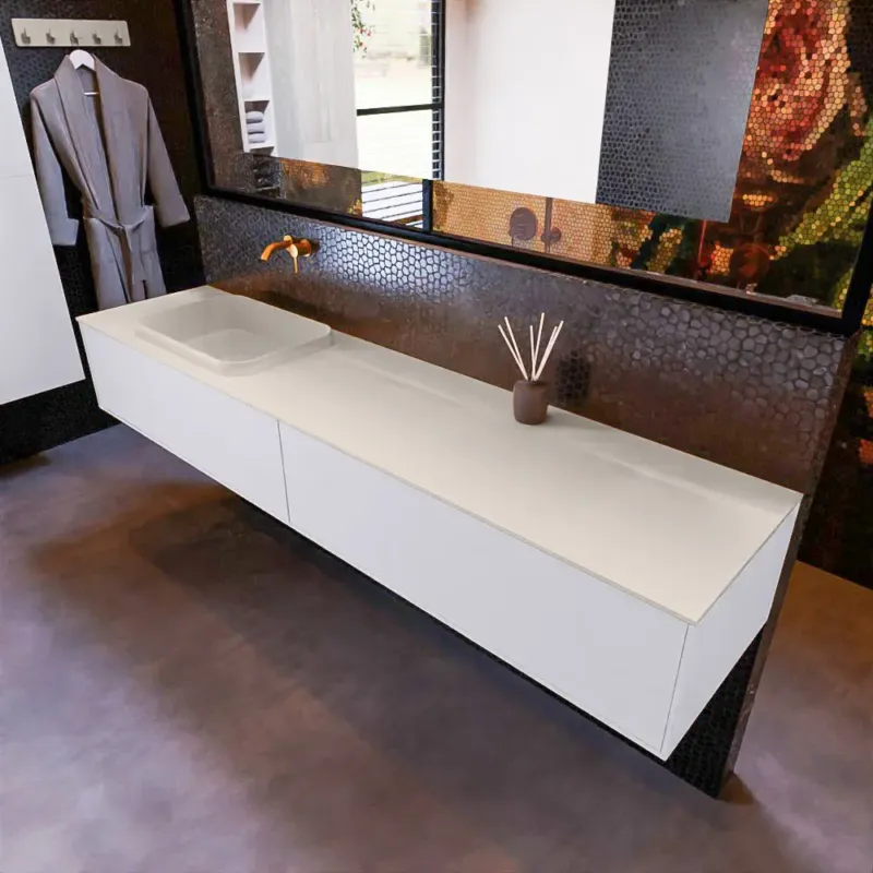 Snelle Levering Mondiaz Erin 200cm badmeubel Cale met 2 lades en beige wastafel links zonder kraangaten