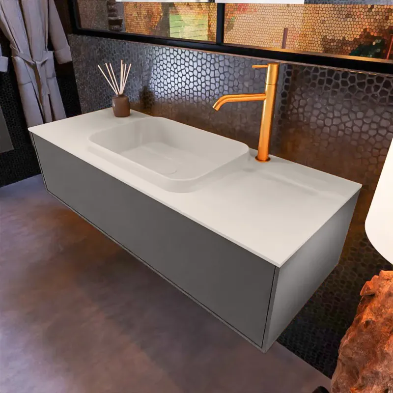 Mondiaz Erin 120cm badmeubel Dark Grey met 1 lade en beige wastafel midden 1 kraangat Op = Op