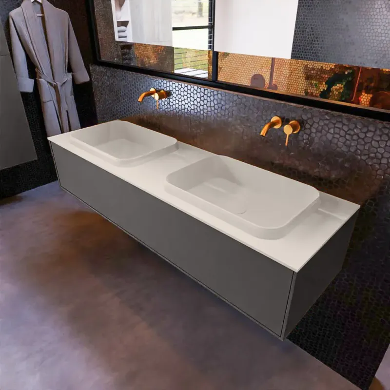 Mondiaz Erin 150cm badmeubel Dark Grey met 1 lade en beige wastafel dubbel zonder kraangaten Merkproduct