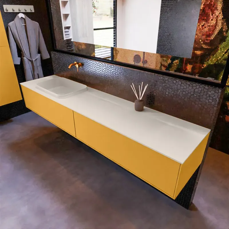 Nu Kopen Mondiaz Erin 200cm badmeubel Ocher met 2 lades en beige wastafel links zonder kraangaten