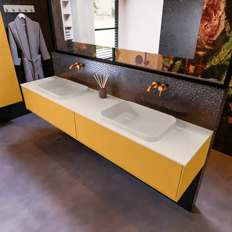 Merkproduct Mondiaz Erin 200cm badmeubel Ocher met 2 lades en beige wastafel dubbel zonder kraangaten