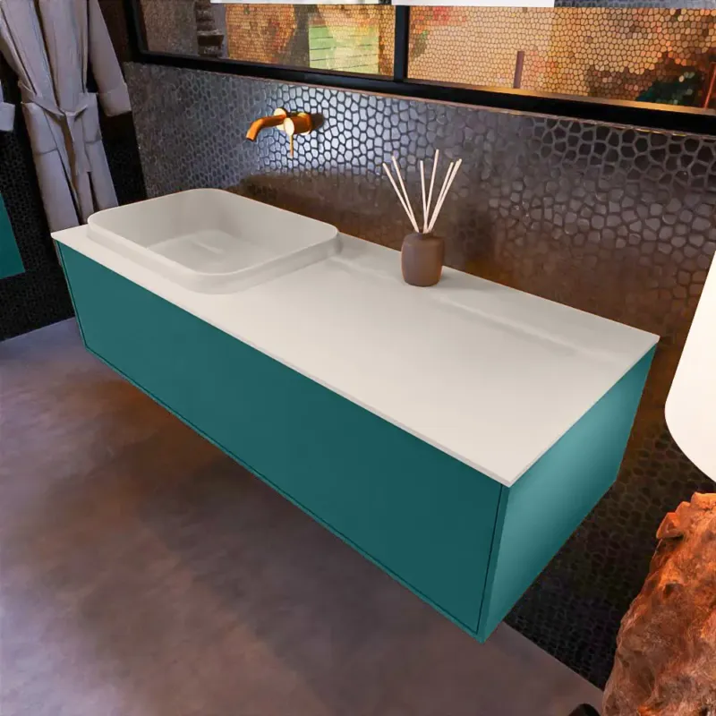 Betrouwbaar Mondiaz Erin 120cm badmeubel Smag met 1 lade en beige wastafel links zonder kraangaten