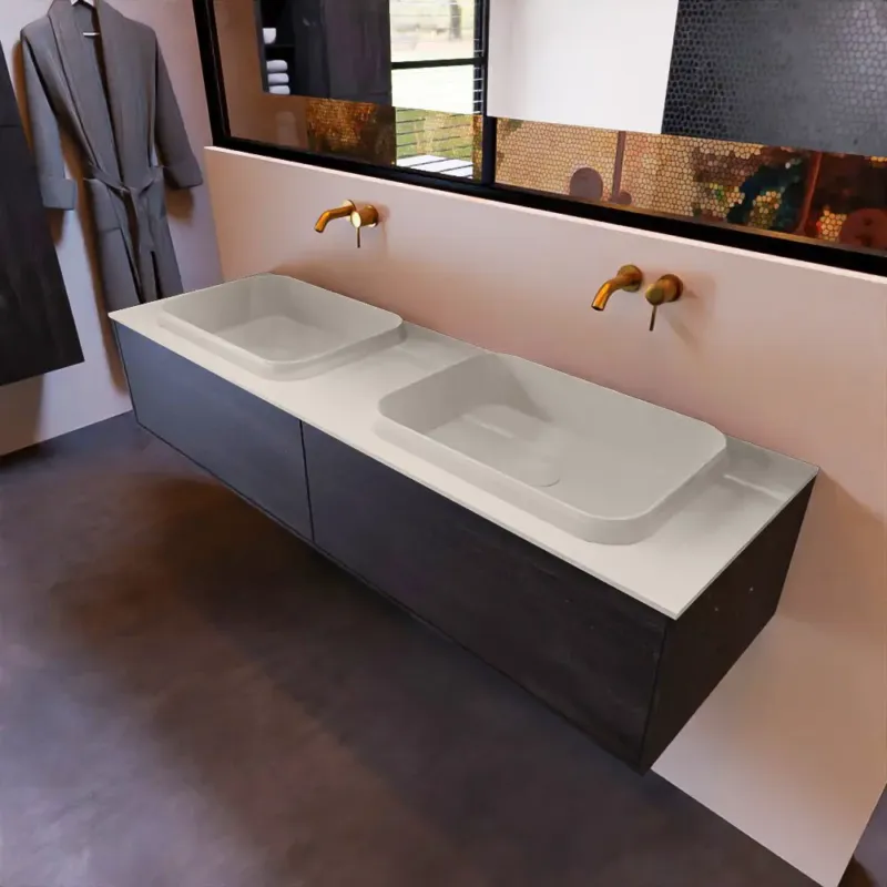 Beperkte Voorraad Mondiaz Erin 150cm badmeubel Dark Brown met 2 lades en beige wastafel dubbel zonder kraangaten