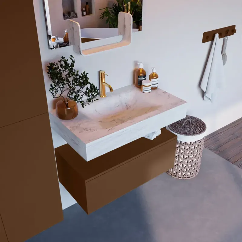 Mondiaz Alan DLux badmeubel 80cm rust 1 lade met wastafel opalo midden 1 kraangat Beste Prijs