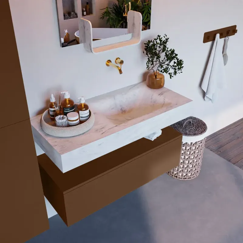 Mondiaz Alan DLux badmeubel 100cm rust 1 lade met wastafel opalo rechts zonder kraangat Betrouwbaar