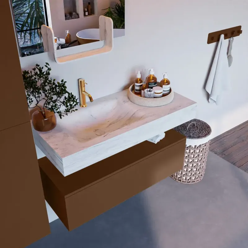 Mondiaz Alan DLux badmeubel 100cm rust 1 lade met wastafel opalo links 1 kraangat Koopje