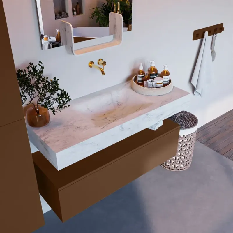 Gereduceerde Prijs Mondiaz Alan DLux badmeubel 110cm rust 1 lade met wastafel opalo midden zonder kraangat
