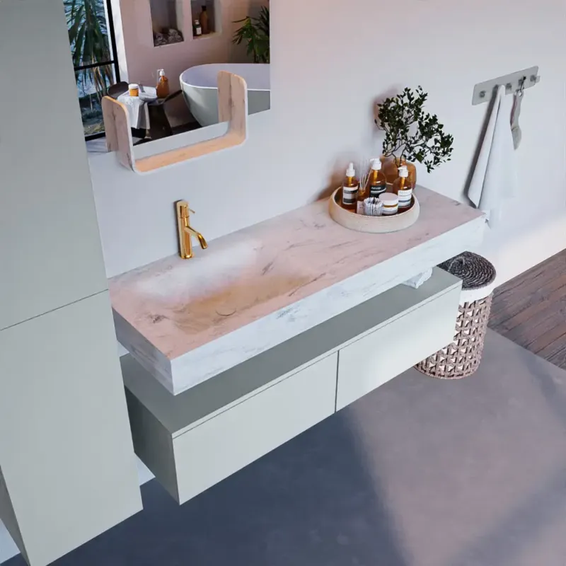 Mondiaz Alan DLux badmeubel 130cm clay 2 lades met wastafel opalo links 1 kraangat Betaalbaar