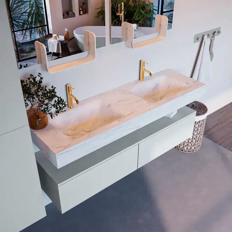 Mondiaz Alan DLux badmeubel 150cm clay 2 lades met wastafel opalo dubbel 2 kraangaten Merkproduct