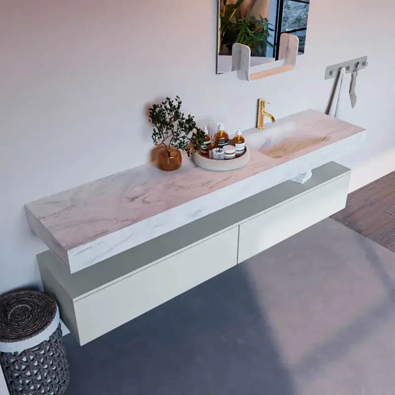 Mondiaz Alan DLux badmeubel 200cm clay 2 lades met wastafel opalo rechts 1 kraangat Premium