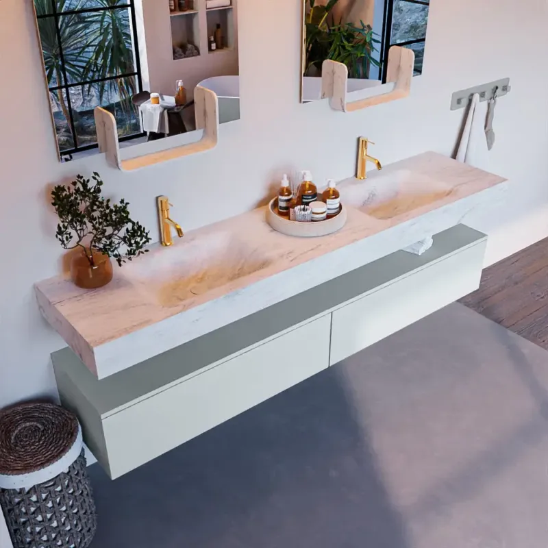 Speciale Aanbieding Mondiaz Alan DLux badmeubel 200cm clay 2 lades met wastafel opalo dubbel 2 kraangaten