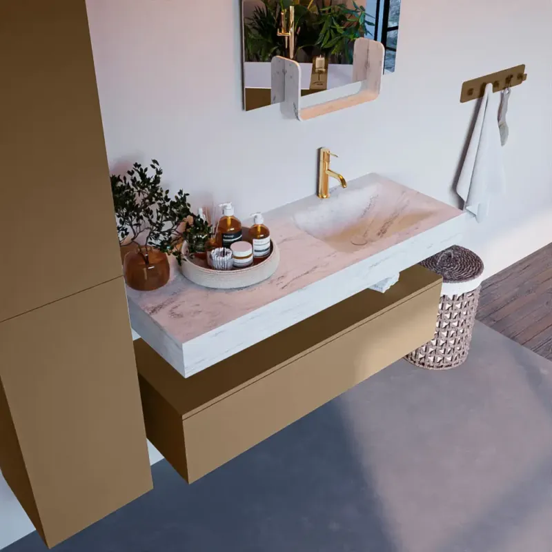 Actieprijs Mondiaz Alan DLux badmeubel 120cm oro 1 lade met wastafel opalo rechts 1 kraangat