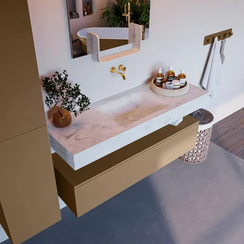 Mondiaz Alan DLux badmeubel 130cm oro 1 lade met wastafel opalo midden zonder kraangat Beste Prijs