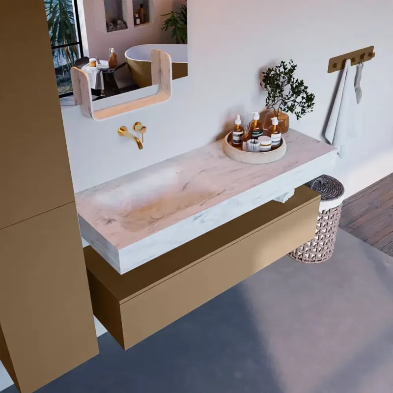 Hoge Kwaliteit Mondiaz Alan DLux badmeubel 130cm oro 1 lade met wastafel opalo links zonder kraangat