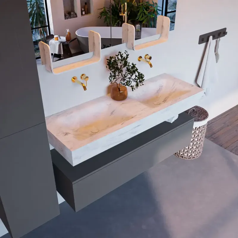 Mondiaz Alan DLux badmeubel 130cm plata 1 lade met wastafel opalo dubbel zonder kraangat Beperkte Voorraad