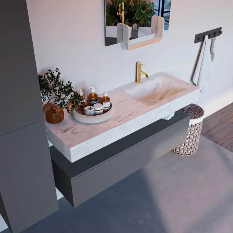 Voordeelprijs Mondiaz Alan DLux badmeubel 130cm plata 1 lade met wastafel opalo rechts 1 kraangat