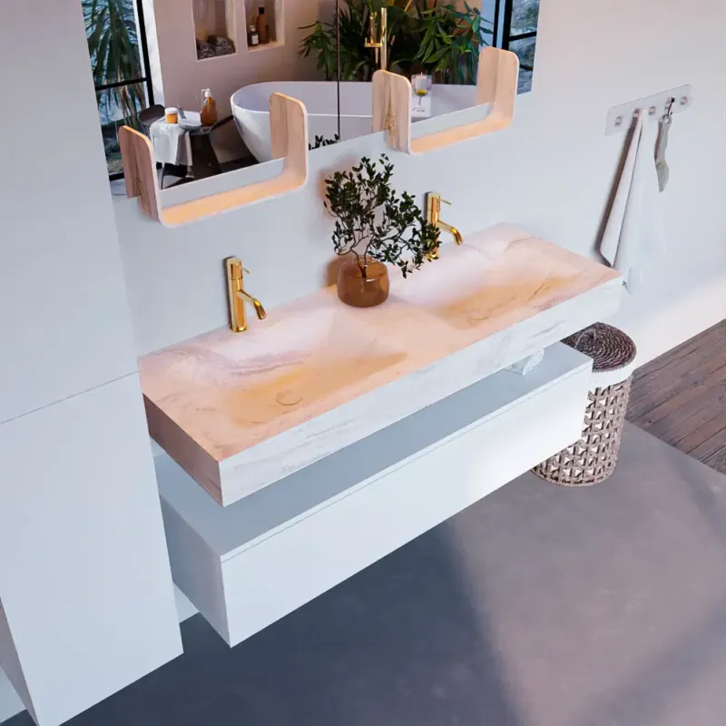Mondiaz Alan DLux badmeubel 130cm talc 1 lade met wastafel ostra dubbel 2 kraangaten Gecertificeerd