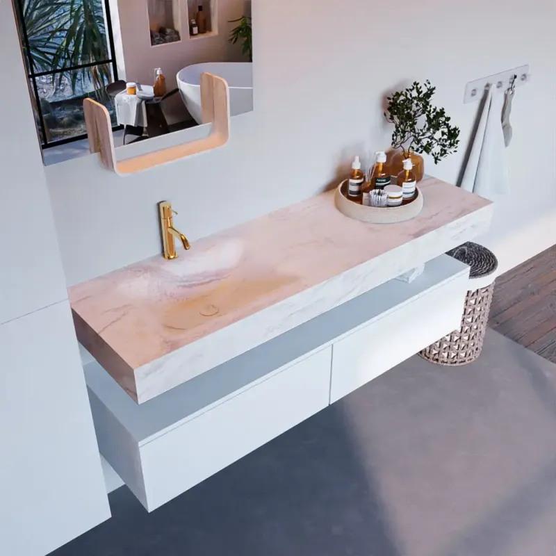 Mondiaz Alan DLux badmeubel 150cm talc 2 lades met wastafel ostra links 1 kraangat Must-Have