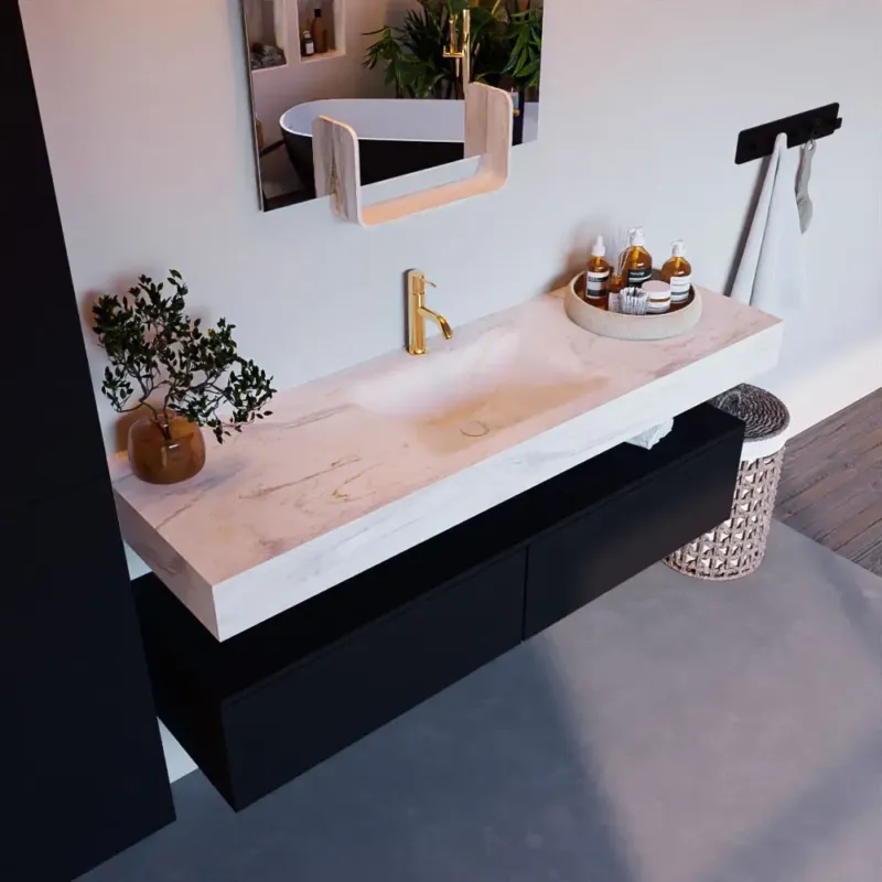 Mondiaz Alan DLux badmeubel 150cm urban 2 lades met wastafel ostra midden 1 kraangat Flitsaanbieding