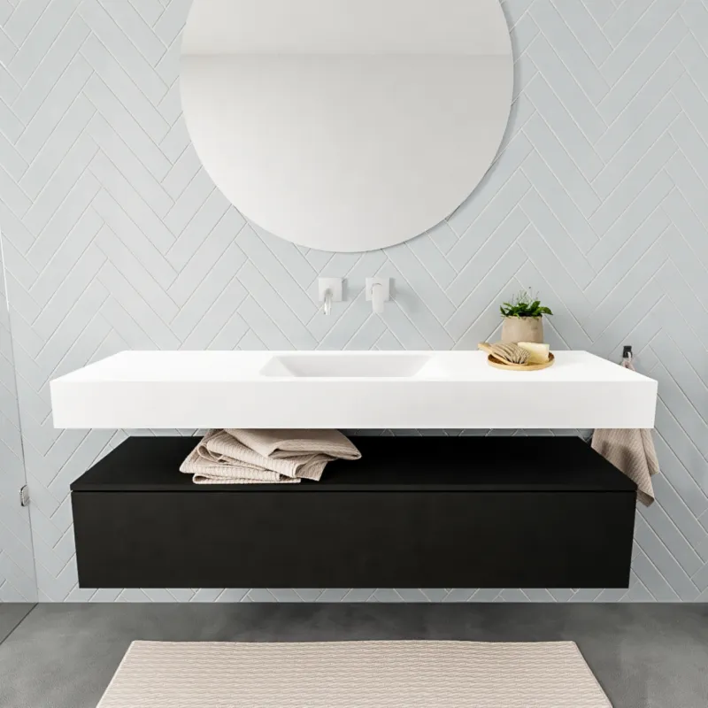 Populair Badkamermeubel AQS Ibiza 150 cm Solid Surface Mat Zwart Wastafel Mat Wit (acht varianten)