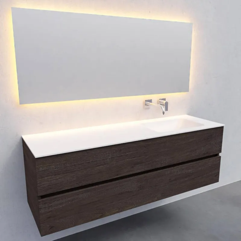 Badkamermeubel Solid Surface AQS Oslo 150x46 cm Rechts Wood Dark Brown (0 kraangaten) Gratis Retour
