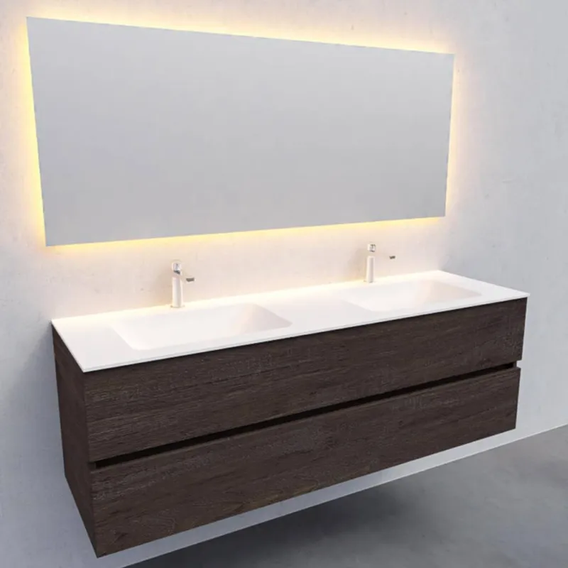 Hoge Kwaliteit Badkamermeubel Solid Surface AQS Oslo 150x46 cm Dubbel Wood Dark Brown (2 kraangaten)