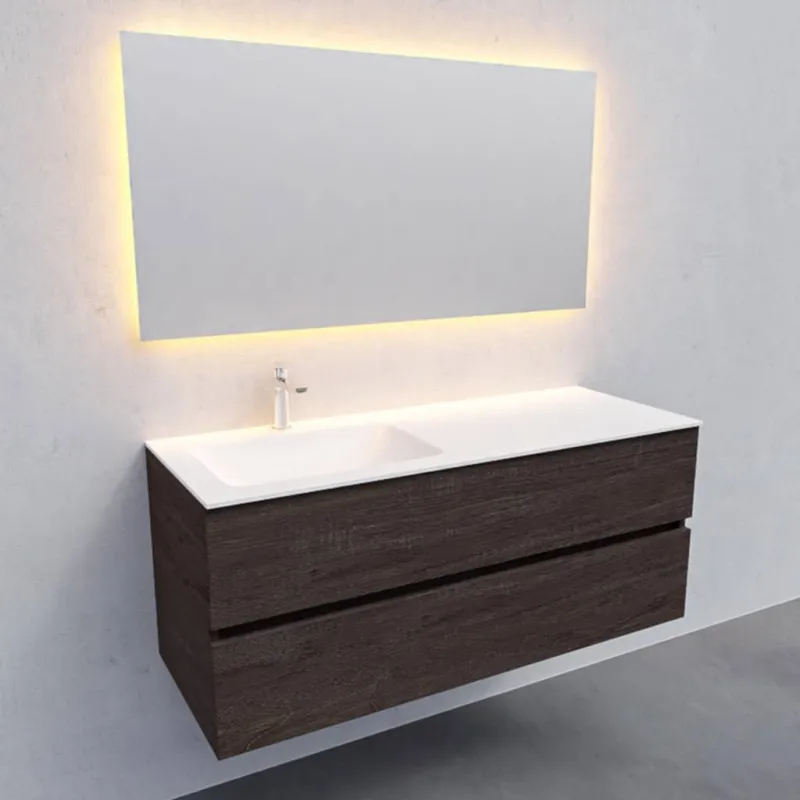 Badkamermeubel Solid Surface AQS Oslo 120x46 cm Links Wood Dark Brown (met 1 kraangat) Voordeelprijs