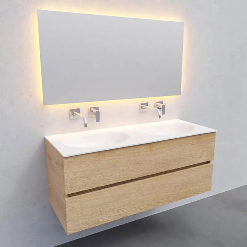 Rechtstreeks Van De Fabrikant Badkamermeubel Solid Surface AQS Stockholm 120x46 cm Dubbel Wood Washed Oak (0 kraangaten)
