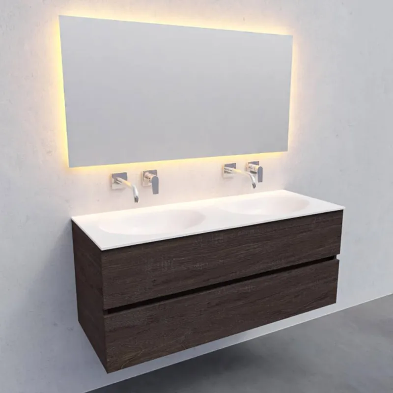 Exclusieve Aanbieding Badkamermeubel Solid Surface AQS Stockholm 120x46 cm Dubbel Wood Dark Brown (0 kraangaten)