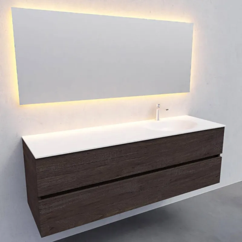 Badkamermeubel Solid Surface AQS Stockholm 150x46 cm Rechts Wood Dark Brown (met 1 kraangat) Gereduceerde Prijs